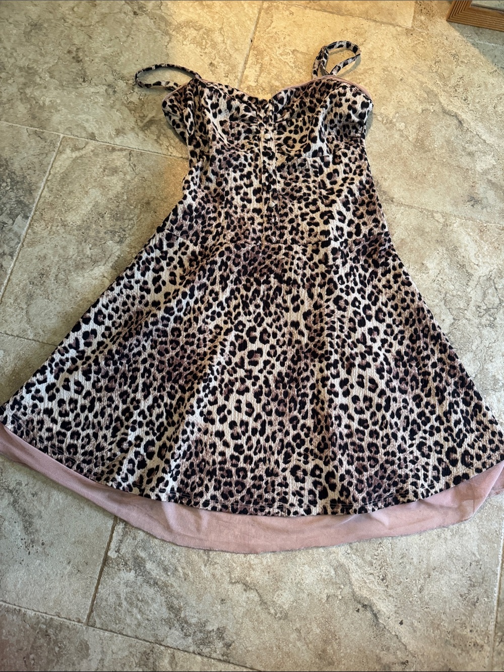 NWT no comment Leopard Print mini dress Pink sheer Trim Fit & Flare Dress medium